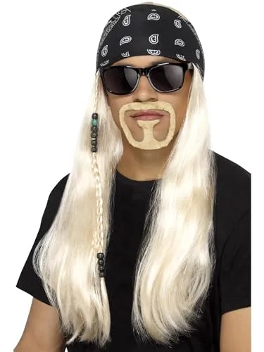 Smiffys Hard-Rocker-Set, Blond, mit Perücke, Kopftuch, Bart und Brille Halloween