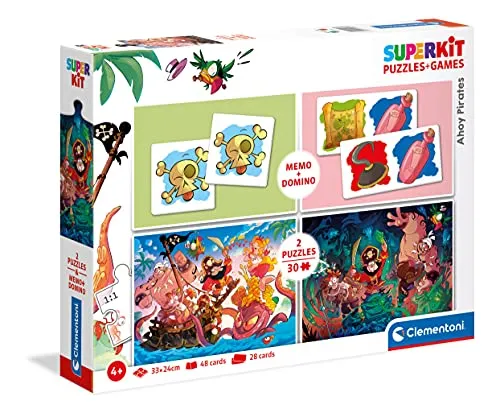 Clementoni 20266 Superkit AHOI Piraten – Puzzle- und Spieleset ab 4 Jahren, Memo- und Dominospiel sowie 2 Kinderpuzzle mit 30 Teilen, Verschiedene Denkspiele für Kinder