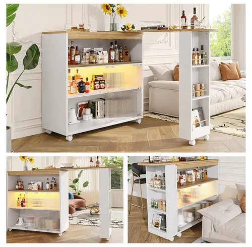 STILVORA Ausziehbarer Bartisch mit LED-Licht - Flexibler Bartisch mit ausziehbarer Länge von 138-204 cm, ideal für jede Gelegenheit. Drei Ablagefächer und farbwechselnde LED-Beleuchtung schaffen eine moderne Atmosphäre. Perfekt für Ess- oder Wohnbereich.