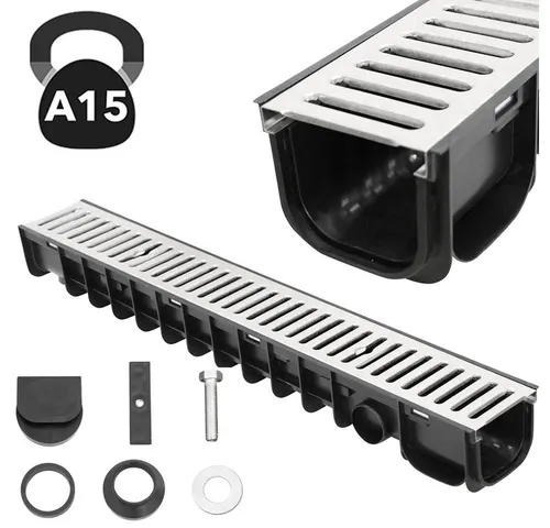 Mucola Regenrinne Entwässerungsrinne A15 - Dachrinnen aus frostbeständigem Kunststoff und Stahl, ideal für Garagen und Einfahrten. Hohe Fließgeschwindigkeit und einfache Reinigung sorgen für optimale Entwässerung.