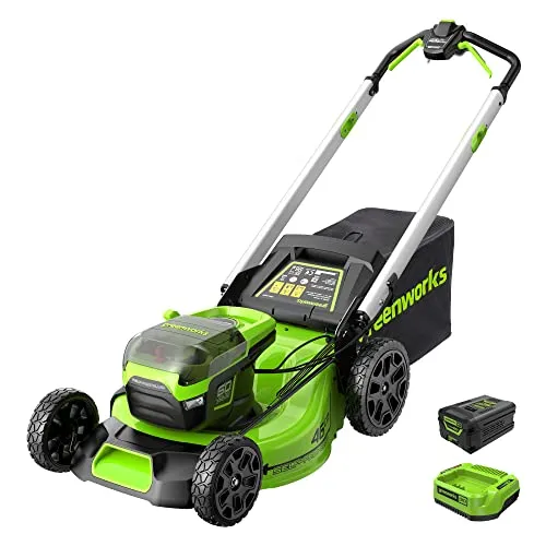 Greenworks GD60LM46SPK4 - Akku-Rasenmäher selbstangetrieben 60V - Rasenmäher mit 46 cm Schnittbreite und leistungsstarkem 60V Li-Ion Akku, ideal für Rasenflächen bis 500m², bietet flexibles Mulchen und Heckauswurf.