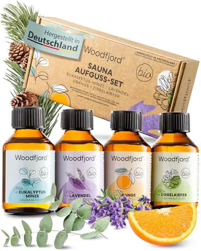 WOODFJORD Saunaaufguss Set BIO Klassik – 4 verschiedene Saunadüfte - Erleben Sie mit unserem Set aus 4 hochwertigen Saunadüften ein intensives Dufterlebnis. Ideal für authentische Sauna-Momente, mit reinen ätherischen Ölen und ohne künstliche Zusätze. Hergestellt in Deutschland.