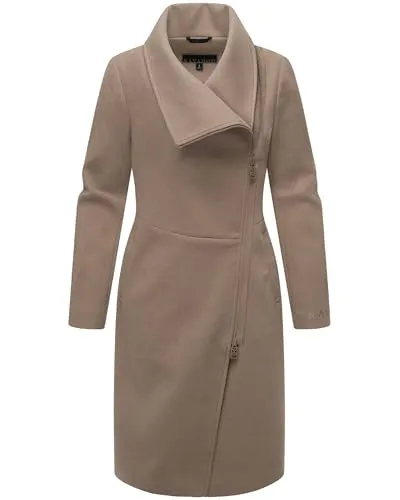 Navahoo Damen Übergangsjacke in Woll-Optik - Funktionsjacke mit asymmetrischem Kragen und wasserdichtem Reißverschluss, ideal für stylische Outfits in der Übergangszeit.