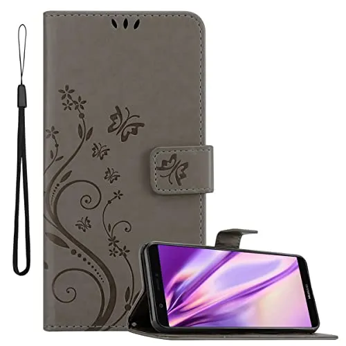 Cadorabo Hülle kompatibel mit Huawei P SMART 2018 / Enjoy 7S Blumen Design aus Kunst Leder Flip Klappbare Magnetische [Kartenfächern] Cover Hülle für Huawei P SMART 2018 / Enjoy 7S Tasche in Grau