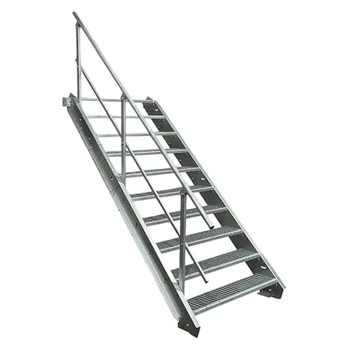 Stufen Stahltreppe mit Geländer 60cm für Geschosshöhen 150-200cm - Robuste 10-stufige Stahltreppe mit einseitigem Geländer, ideal für den Außenbereich. Stabile und langlebige Konstruktion, inklusive Zubehör für eine einfache Montage. Perfekt für sichere Zugänge und vielseitige Einsätze in der Industrie und im privaten Bereich.