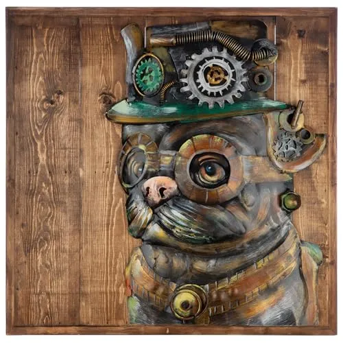 GILDE Bild Steampunk Dog aus Holz und Metall - quadratisch - Hundmotiv - braun - Höhe 50cm x Breite 50cm