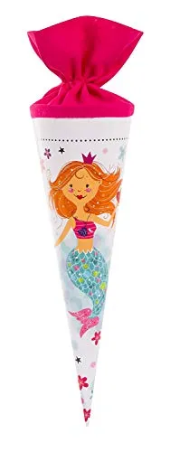 goldbuch 93 582 Geschwistertüte Fräulein Meer, Schultüte mit Meerjungfrauenmotiv, Lackkarton, Geschenkverpackung, pinker Filzverschluss (ohne Verschlussband), Zuckertüte rund, Länge 35 cm, Ø 11,5 cm