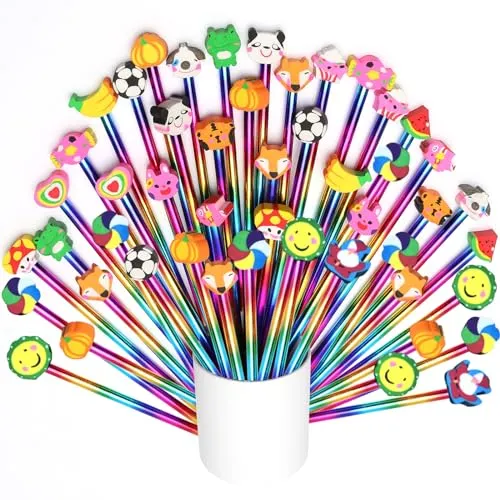 lttorjf Bleistifte Gadget Geburtstag Kinder mit Radiergummi, Comic-Bleistifte mit lustigem Tier-Topper für Geschenk, Taufe, Kommunion, Geschenk, Schulpreise (zufälliger Stil)