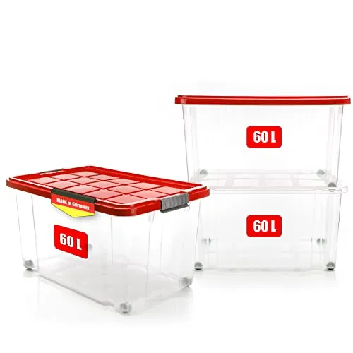 BigDean 3er Set 60L Aufbewahrungsboxen mit Deckel - rollbar & stapelbar - Aufbewahrungsbehälter mit Deckel: Robuste, rollbare Boxen mit Klickverschlüssen, perfekt für Ordnung im Haushalt und Garten, hergestellt in Deutschland.