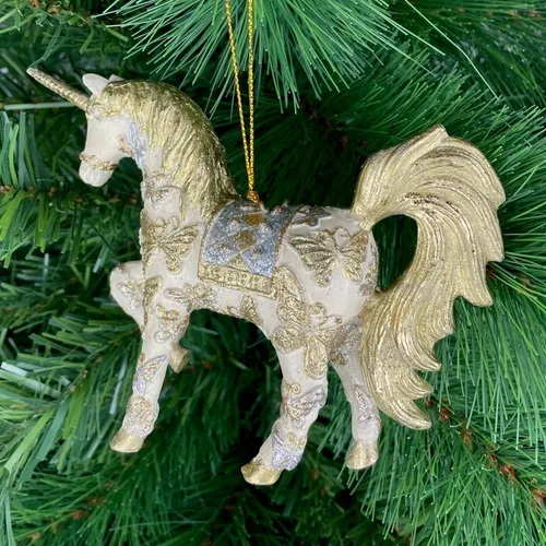 Christbaumschmuck bezauberndes Einhorn verziert in creme-gold-silber 15 cm