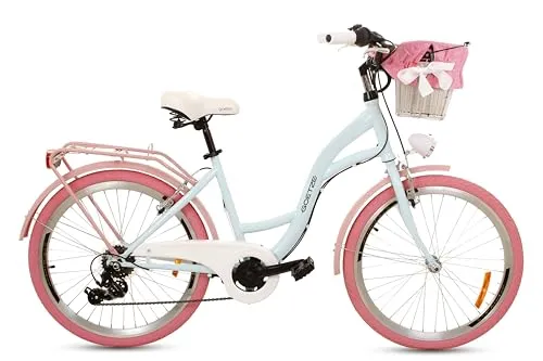 Goetze Mood 24 Zoll Kinderfahrrad, 14 Zoll Tiefeinsteiger Rahmen, 6-Gang Kettenschaltung, doppelte V-Bremsen, LED-Beleuchtung, Gepäckträger, Rattankorb, Komfortsattel, mit Seitenständer & Klingel!