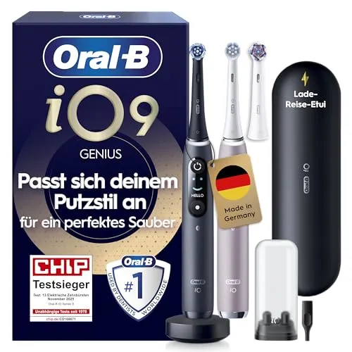 Oral-B iO Series 9 Elektrische Zahnbürste - Doppelpack mit 3 Aufsteckbürsten - Elektrische Zahnbürsten mit 7 Putzmodi und 3D-Tracking für optimale Mundpflege. Entfernt 100% mehr Plaque in nur einer Woche, inkl. Lade-Reiseetui für unterwegs.