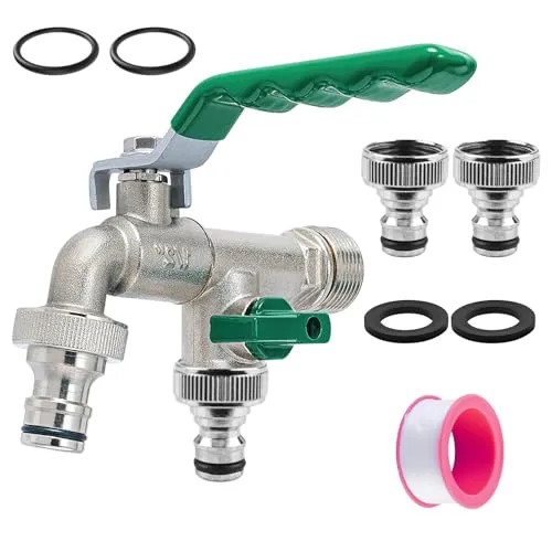 Universal Wasserhahn Garten, 1/2 Zoll & 3/4 Zoll Doppel Auslaufhahn aus Aluminiumlegierung mit 2*Wasserauslässe+2*O-Ringe, Wasserstopp-Dichtungen+2*Rollendichtband, Aussenwasserhahn