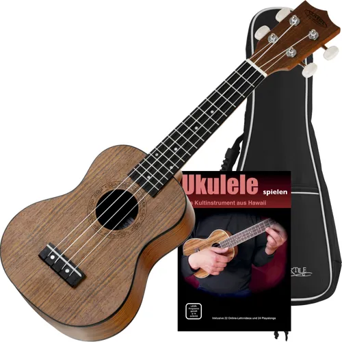 Classic Cantabile Sopran Ukulele Walnuss Set - Sonstige Zupfinstrumente, hochwertiger Walnuss-Korpus mit 15 Bünden, ideal für Einsteiger und Fortgeschrittene, inklusive Lernheft und Tasche für unterwegs.