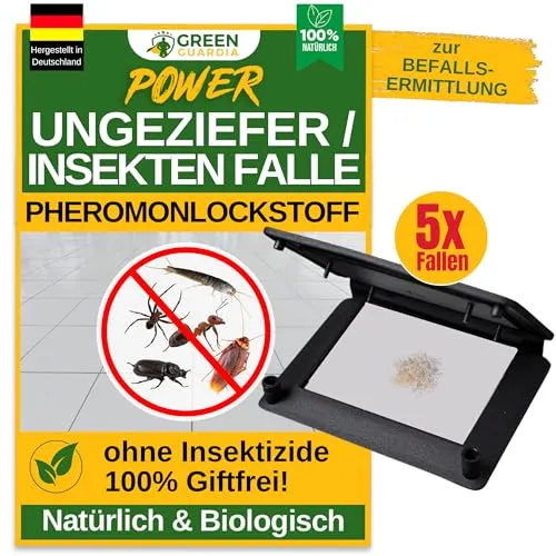 GREEN GUARDIA Ungeziefer Falle mit Pheromon-Lockstoff - 5X Fallen - Fallen zur Schädlingsbekämpfung, chemiefrei und giftneutral – ideal für Haushalte mit Kindern und Haustieren. Effektive Kontrolle von Insekten für bis zu 12 Wochen.