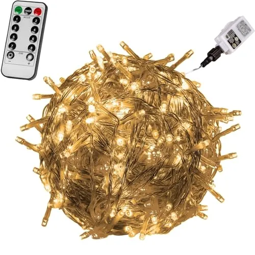 VOLTRONIC LED Lichterkette, IP44, Modell- und Farbwahl, 50 LEDs, Transparentes Kabel, warmweiß, Fernbedienung