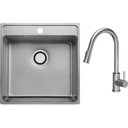 VBChome Edelstahlspüle mit Armatur 49x48x21 cm Inox Leinenstruktur Einbauspüle mit Hahnloch Groß Becken Siphon Armatur Inox mit ausziehbarem Ausluf
