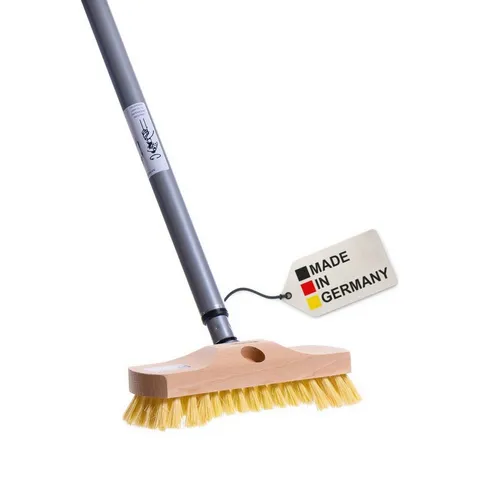 BawiTec Reinigungsbürste Holz Schrubber mit Borsten Bart Teleskopstiel lang Fußboden, Fliesen, Keramik, Steinzeug, Holzböden, Betonböden, Garagenböden, stufenlos verstellbar