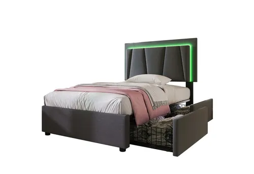 Flieks Polsterbett mit LED-Beleuchtung, 90x200cm - Stylisches Einzelbett mit 2 Schubladen, LED-Beleuchtung und robustem Massivholzrahmen - ideal für modernes Wohnen und optimalen Stauraum.