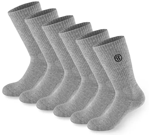 BRUBAKER 6 Paar Tennissocken für Herren und Damen - Lange Sportsocken aus Baumwolle und Polyester - Crew Socks Baumwollsocken Set - Unisex Fitness Socken - Grau - Größe 43-46