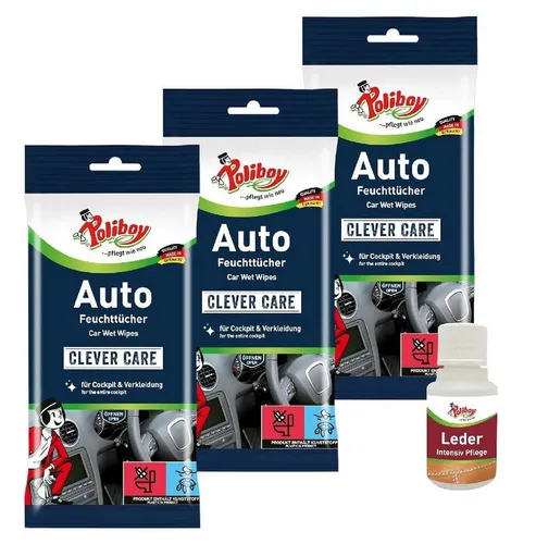 poliboy 2502001, 3er Auto Putztücher + Leder Probe Reinigungstuch (zum Reinigen von Auto Innenflächen - Made in Germany)
