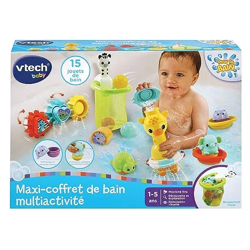 VTech Maxi-Badeset – 15 Badespielzeuge für Spaß im Bad - Badewannenspielzeug, fördert die Feinmotorik und bietet abwechslungsreiche Spielmöglichkeiten mit 15 bunten Teilen und praktischem Aufbewahrungsnetz.