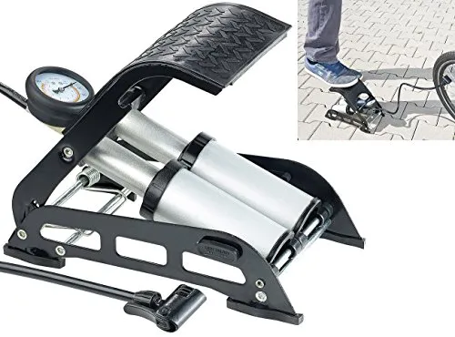 AGT Fußluftpumpe Fahrrad: Hochleistungs-Fußluftpumpe, Doppel-Stahlzylinder, Manometer bis 7 bar (Fußpumpe, Fußpumpe Fahrrad, Volleyball)