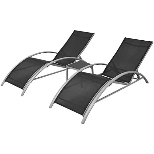 vidaXL Sonnenliegen mit Tisch Aluminium Schwarz - Gartenmöbel-Set mit 2 ergonomischen Sonnenliegen und Tisch aus pulverbeschichtetem Aluminium. Wetterfest und langlebig, ideal für entspannte Stunden im Freien.