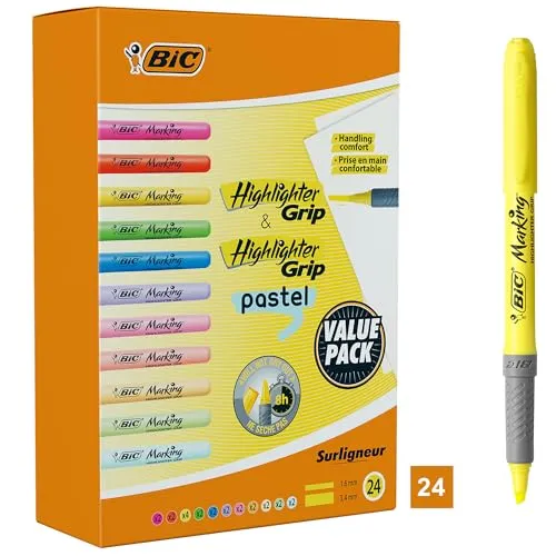 BIC Highlighter, Textmarker, 24er Pack, in verschiedenen Farben inkl. Pastell, mit Keilspitze, Strichstärke: 1.6 bis 3.4 mm, mit Austrocknungsschutz