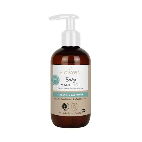 MABYEN Bio Mandelöl 200ml | Vegan, Parfümfrei, Naturkosmetik – ideal zur Babypflege und als Massageöl – in praktischer Pumpflasche – Stärkt Bindung