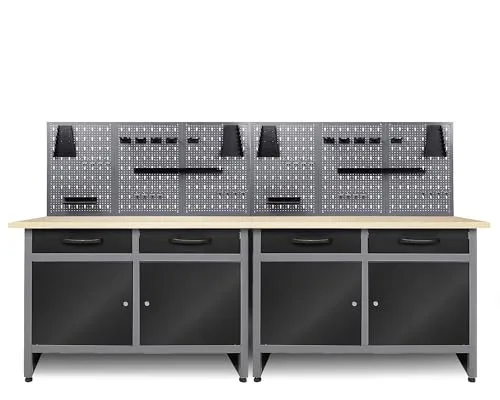 Ondis24 Werkstatt Set 240cm – 2x Metallwerkbank mit Lochwand - Praktisches Werkstatt Set mit 2 stabilen Werkbänken und 6 Lochwänden. Ideal für effizientes Arbeiten, mit höhenverstellbaren Füßen und FSC-zertifizierter Buchenholzplatte.