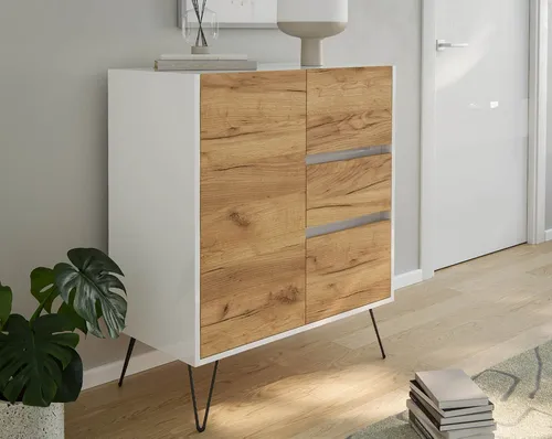 Posseik Waschtisch-Set Sideboard FAVIER 80 x 94cm in Weiß-Eiche - Stylisches Sideboard FAVIER mit 3 Schubladen und 1 Tür. Hochglanz-weißer Korpus und Eiche-Optik vereinen elegantes Design mit praktischer Funktionalität. Perfekt für modernes Wohnen und viel Stauraum.