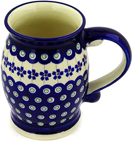Polmedia Pottery Handbemalter Bierkrug 25 Oz aus Bunzlau - Hochwertiger Bierkrug aus Steinzeug mit isolierenden Eigenschaften für kühle Getränke. Lebensmittelecht, spülmaschinenfest und handgefertigt – ideal für gesellige Abende!