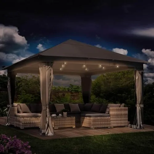 Alu Pavillon INFINITY 4x4m dunkelgrau mit LEDs - Wetterfester Pavillon mit 100% wasserfestem Dach und UV-Schutz 50+, inkl. stimmungsvollem LED-Licht und Moskitonetz für ungestörte Abende im Garten.