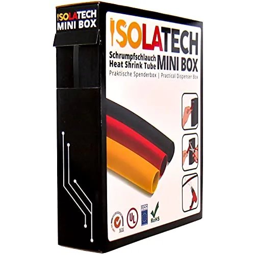 ISOLATECH Schrumpfschlauch 3:1 Set mit Kleber schwarz Ø3,2mm 10 Meter UV beständig Meterware unbeschriftet Rolle in praktischer Spenderbox