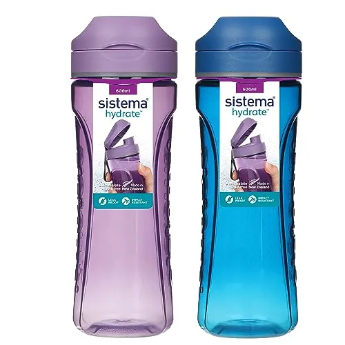 Sistema 600ml Swift Bottle 2 Pack - Robuste Trinkflaschen - Praktisches Set mit 2 Sistema Tritan Trinkflaschen (600 ml) für Kinder und Erwachsene. Mit breiter Öffnung, auslaufsicherem Deckel und strapazierfähigem Tritan-Material. Spülmaschinen- und gefriersicher, BPA-frei.