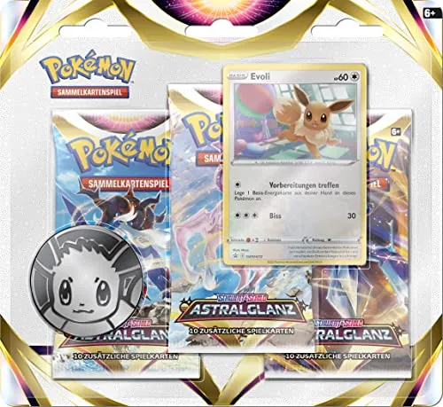 Pokémon Astralglanz 3er Blister - Evoli - Sammelkarten mit 3 Boosterpacks und 1 Promokarte, entdecke Hisui-Pokémon-VSTAR und die Rückkehr der Strahlenden Pokémon für spannende Sammelabenteuer!