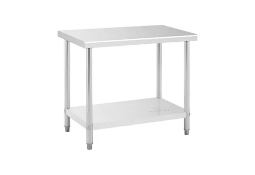 Royal Catering Edelstahl-Arbeitstisch ECO - 100 x 60 cm - Edelstahlmöbel für Gastronomie, 90 kg Tragkraft, mit zusätzlicher Ablagefläche für effizientes Arbeiten in professionellen Küchen.