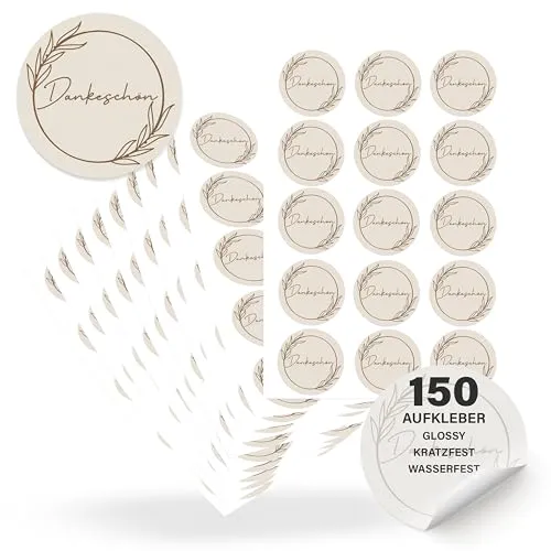 ECCK Danke Aufkleber rund “Danke Schön” (150 Stück) - Dankeschön Sticker für Hochzeit, Geburtstag, Advent, Weihnachten, Wichteln, Lehrerin & Erzieherin – Deko für Karten, Geschenke & Mitgebsel