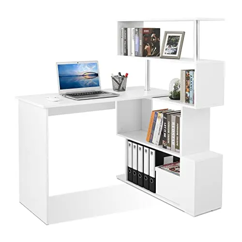 Mondeer Computertisch L-Förmig, Eckschreibtisch, mit 360 Grad Drehbarem Bücherregal für Arbeitszimmer Wohnzimmer Büro 157 x 45 x 130,5 cm, Weiß