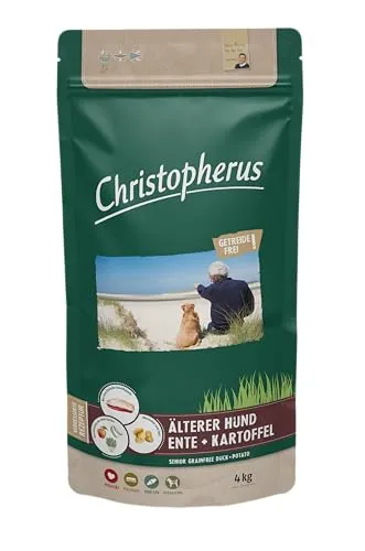 Christopherus Grainfree Senior - Trockenfutter für ältere Hunde - Hundefutter für futtersensible Hunde ab 6 Jahren, mit hohem Proteinanteil und leicht verdaulichen Zutaten. Ideal für gesunde Ernährung und reduzierte Kotmenge. 4 kg Sack mit Ente + Kartoffel.