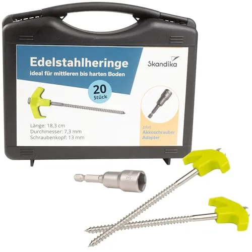 Skandika Zelthering 20er Set aus Edelstahl - Zeltheringe aus rostfreiem Edelstahl, sturmsicher mit scharfem Gewinde und Adapter für Akkuschrauber - ideal für jedes Outdoor-Abenteuer!