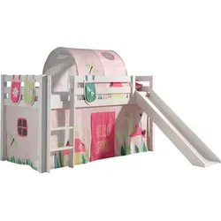 Spielbett Karolina mit Rutsche aus Massivholz in Weiß - Modernes Kinderbett mit Rutsche und hochwertigem Textilset 'Spring'. Stabile Konstruktion aus massivem Holz, perfekt für fantasievolles Spielen und Träumen.