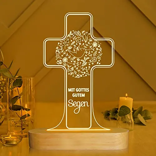 Ammonite Kommunion Geschenke, Kreuz Holzlampe Neuheit Nachtlicht Lampe für Kinder, Kinder Dekoration Lampe USB Power Schlafzimmer Dekoration Taufe Einweihung Geschenk Paten Geschenke für die Taufe