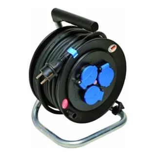 Walther Kabeltrommel 16A 2P+E 230V - Robuste Kabeltrommel mit 3 Schutzkontaktsteckdosen, ideal für Baustellen und Gewerbe. Mit 25m Gummischlauchleitung und IP44 Schutzart für hohe Sicherheit und Flexibilität.