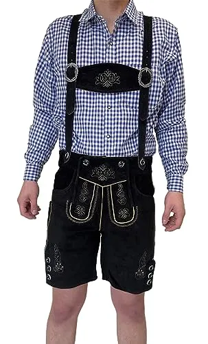 Dretaild Herren Lederhose Tracht Kurz mit Hosenträgern - Premium Trachtenlederhose aus 100% Rindleder, ideal für Oktoberfest und festliche Anlässe. Kurzer Schnitt mit stilvollen Hosenträgern vereint Tradition und modernen Komfort.