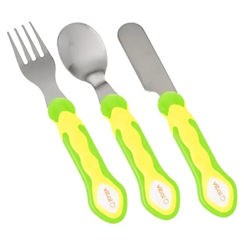 Vial Baby Kinder Besteckset 3-teilig Messer, Gabel und Löffel aus rostfreiem Edelstahl und ergonomischem FlexiSafe Griff für einfache Haltung und selbständig essen, BPA-frei, 12 Mon+ (gelb/grün)