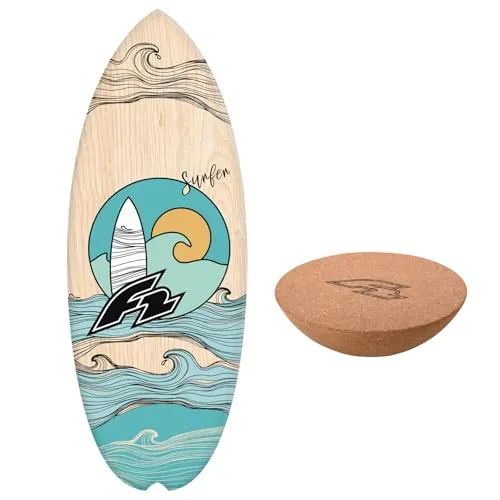 F2 Set Balance Board Halfshell 88x32cm mit Kork Halbkugel - Balanceboard für effektives Muskeltraining und Gleichgewicht, robuste 8-lagige Konstruktion, belastbar bis 120 kg, im coolen Surfer-Style Design für Zuhause.