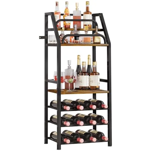 Yorbay Freistehendes Weinregal mit Erweiterte Regale: 3-Stöckiges Flaschenregal für 12 Flaschen - Metall-Holz Weinflaschenhalter mit Geländer und Lagerbereich für Bar Küche Esszimmer