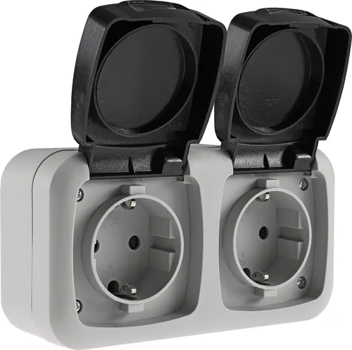 ChiliTec 20469 Feuchtraum Doppel-Steckdose, IP44 250V/ 16A, inkl. AP-Rahmen, grau